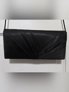 Kate Landry Black Satin Pleated Evening Clutch with Strap